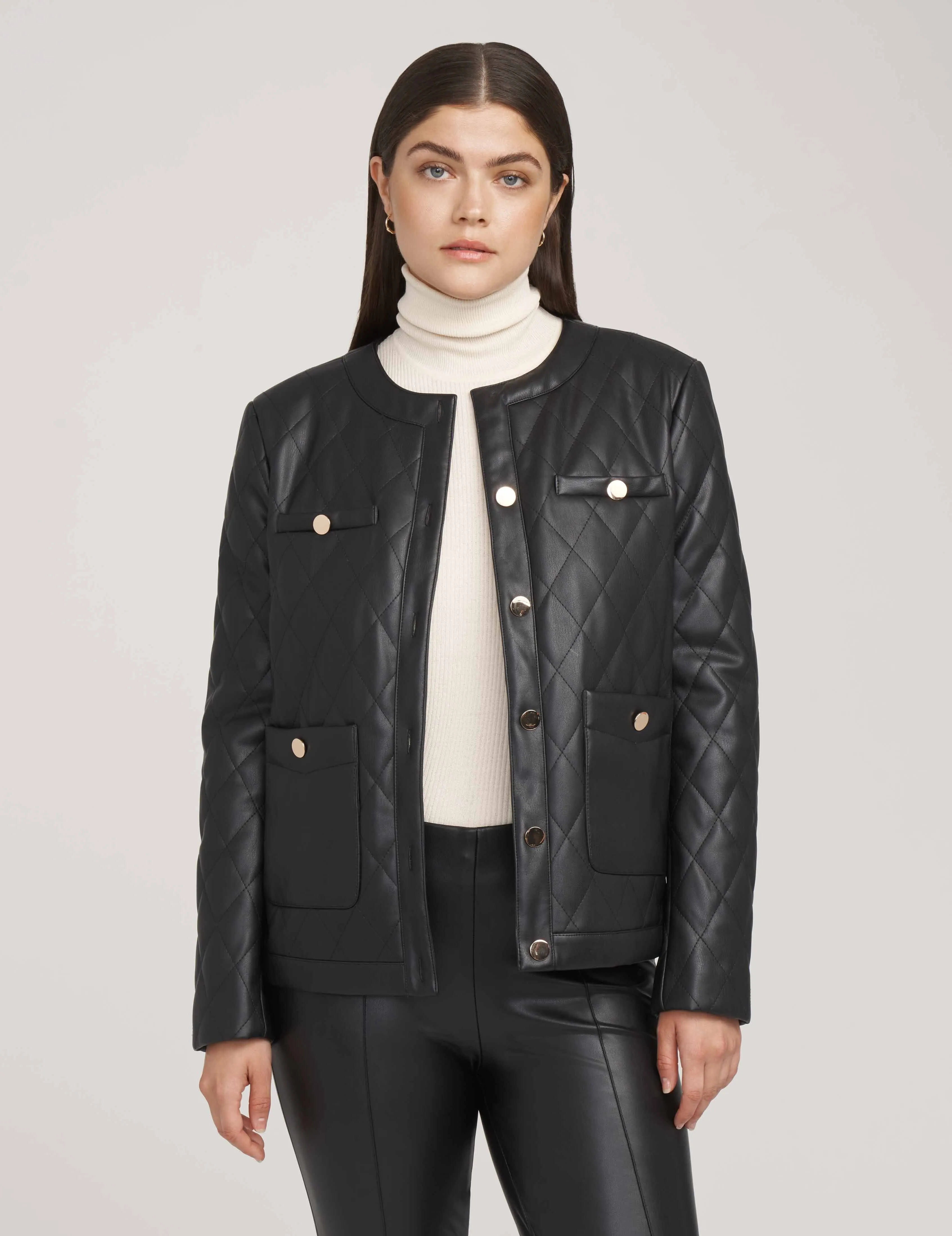 Collarless Vegan Leather Quilted Jacket- Sale