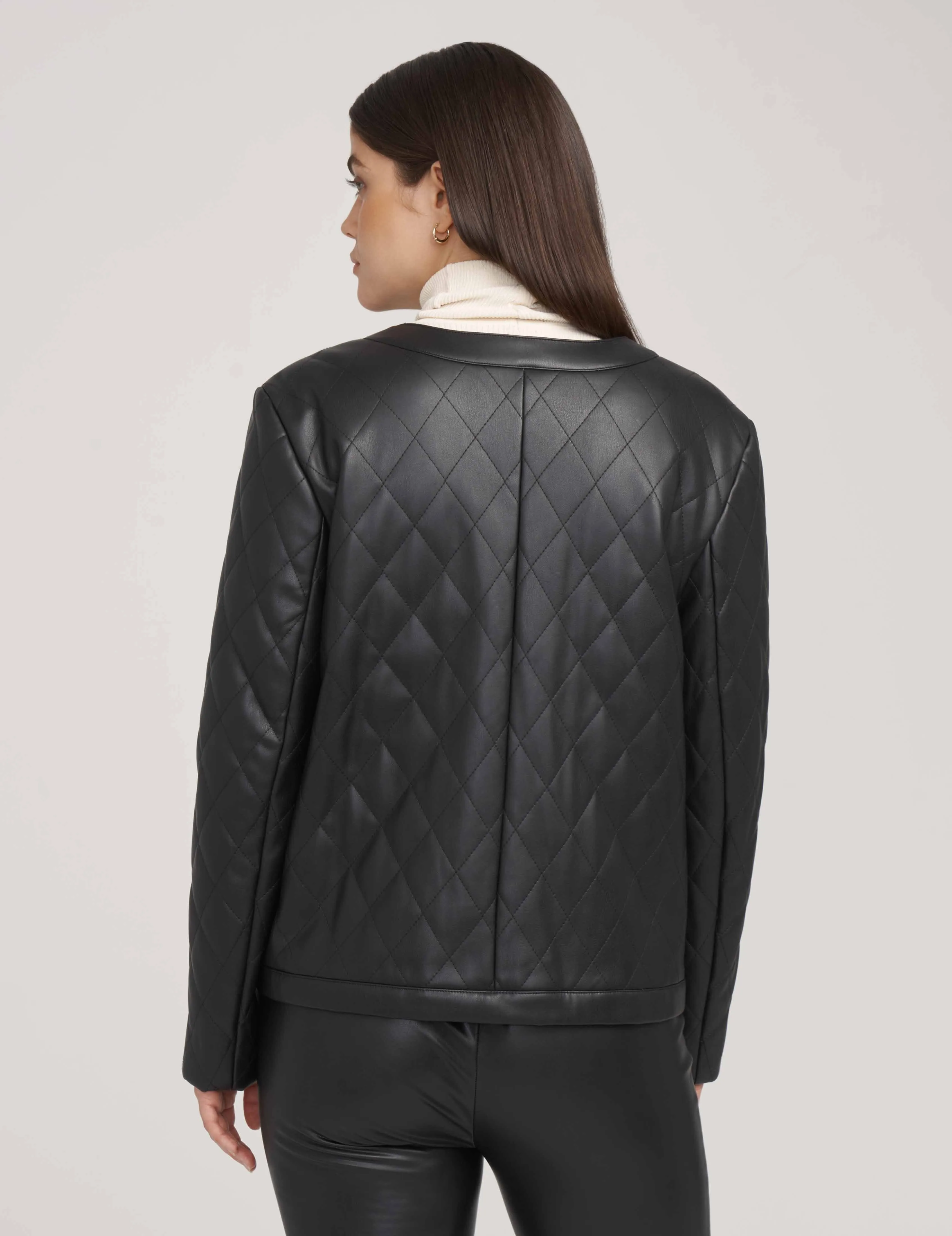 Collarless Vegan Leather Quilted Jacket- Sale