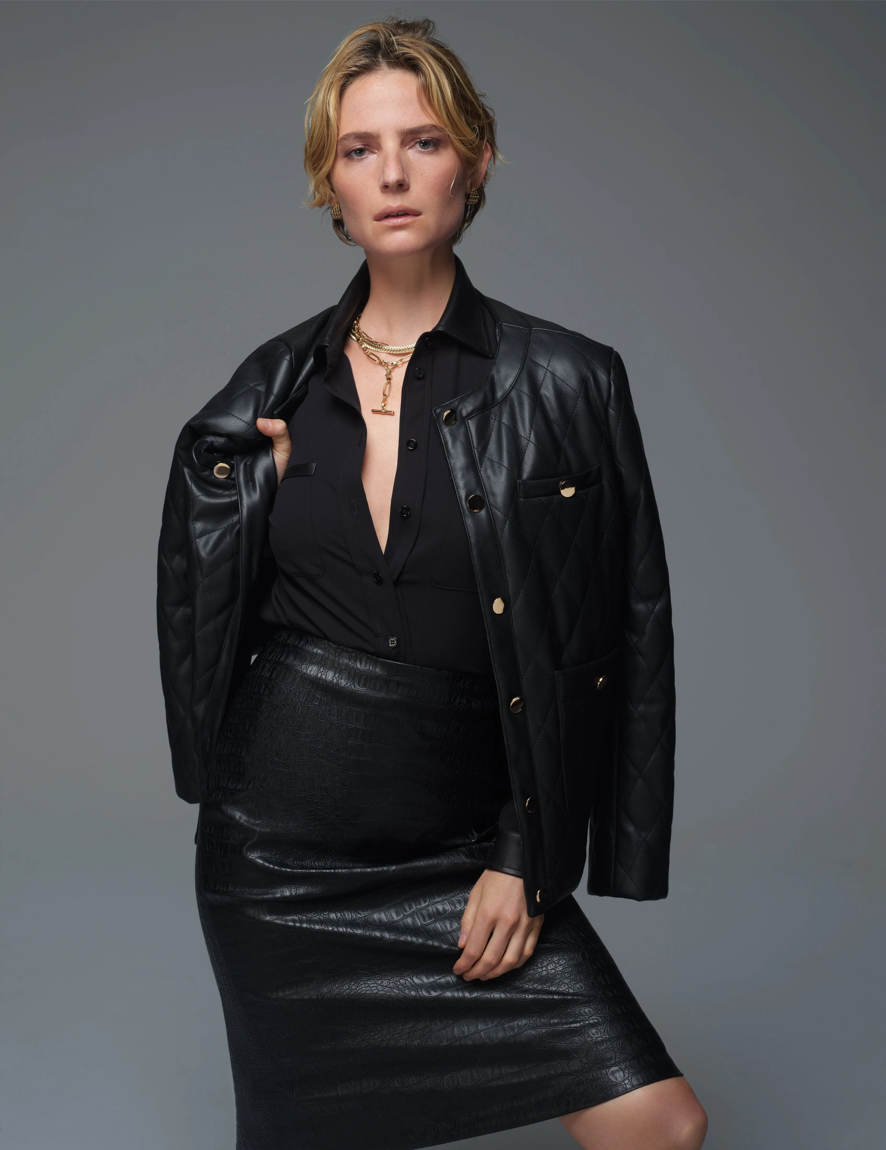 Collarless Vegan Leather Quilted Jacket- Sale