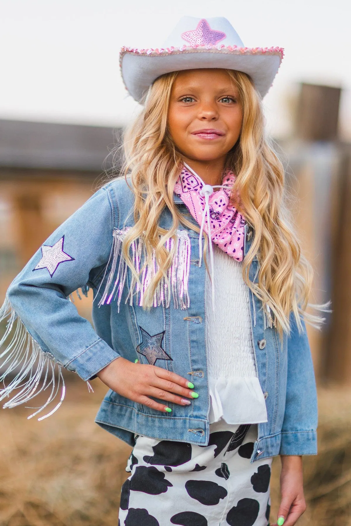 Cowgirl "Lets Go Girls" Silver Fringe Denim Jacket