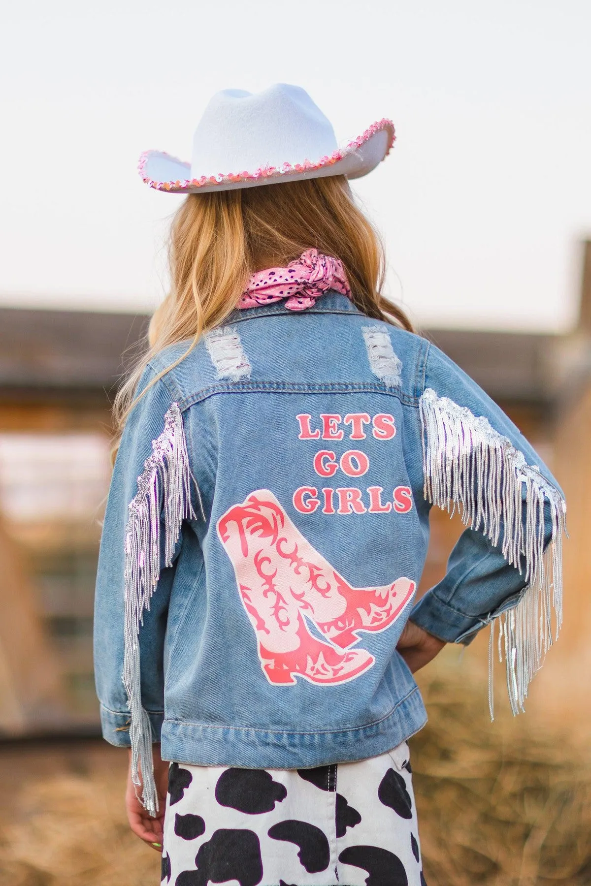 Cowgirl "Lets Go Girls" Silver Fringe Denim Jacket