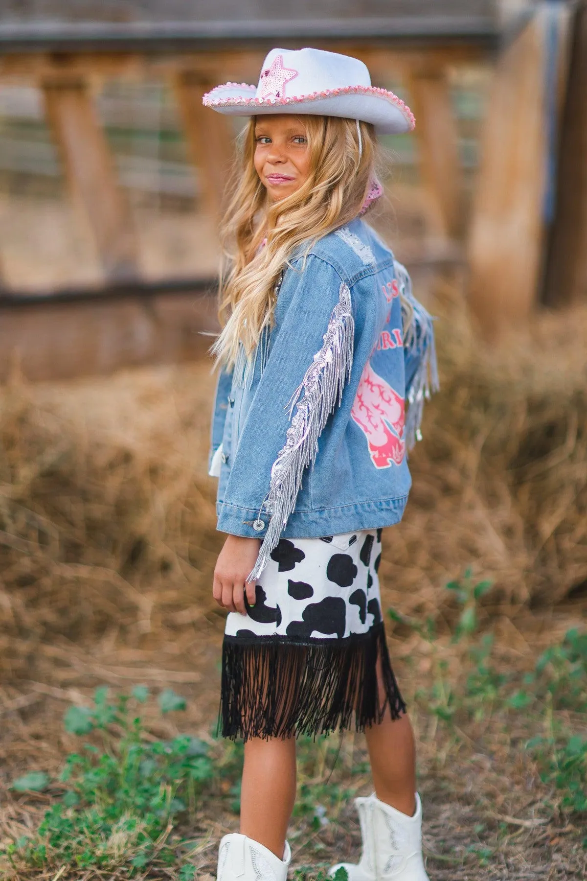 Cowgirl "Lets Go Girls" Silver Fringe Denim Jacket