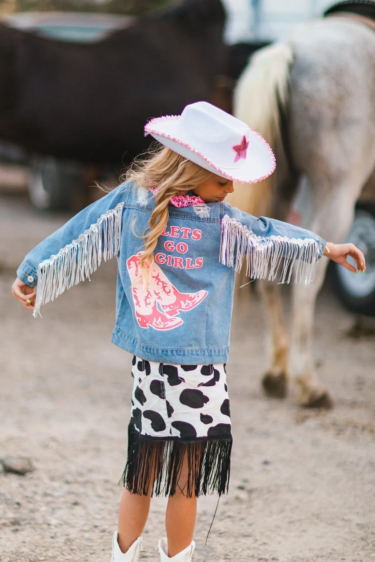 Cowgirl "Lets Go Girls" Silver Fringe Denim Jacket