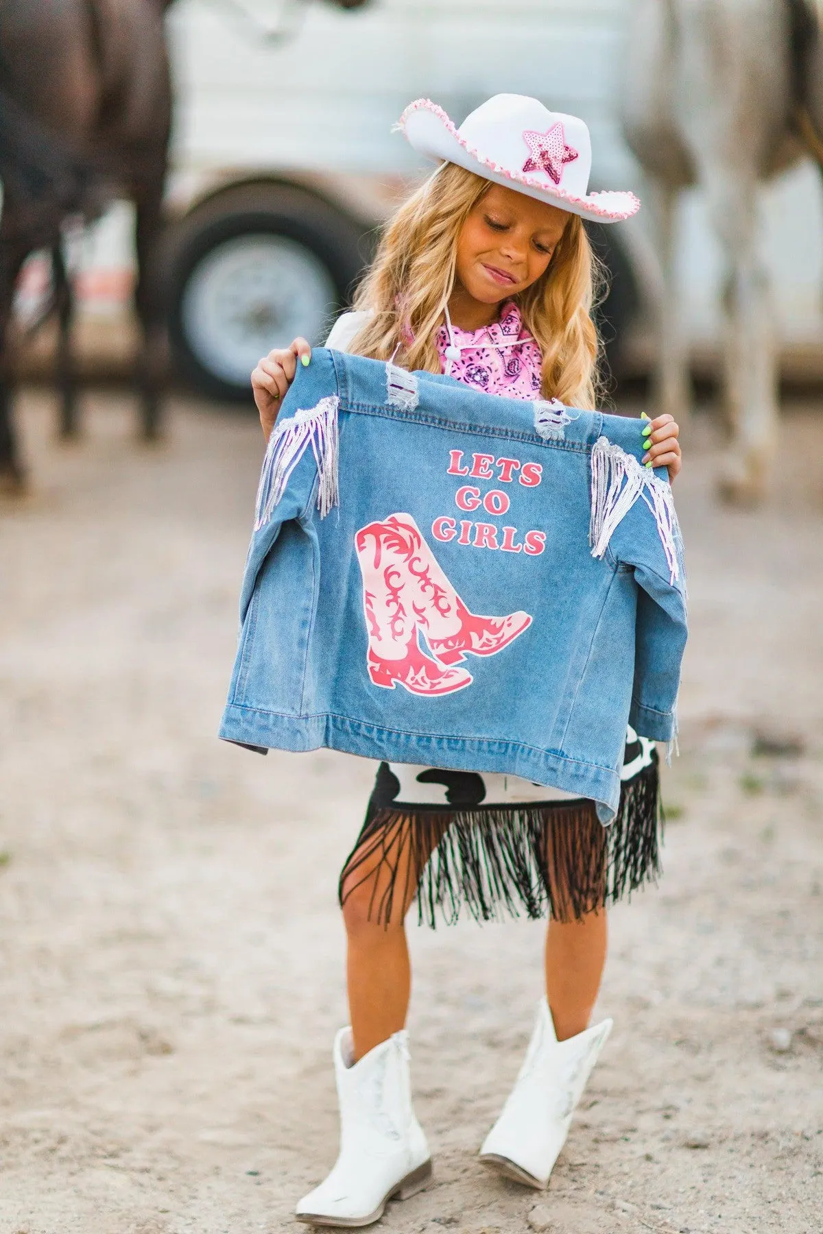 Cowgirl "Lets Go Girls" Silver Fringe Denim Jacket