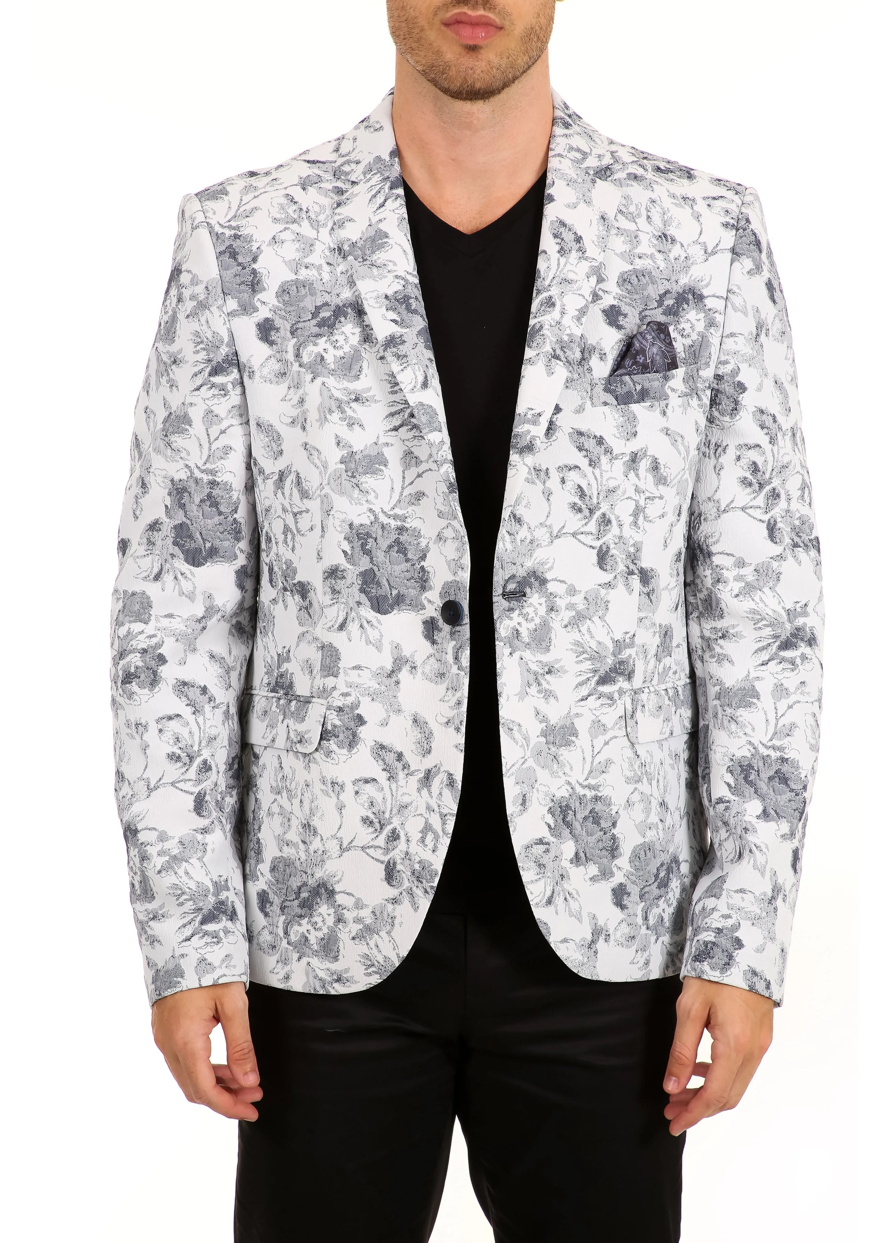 Crepe Floral Pattern Evening Blazer Navy