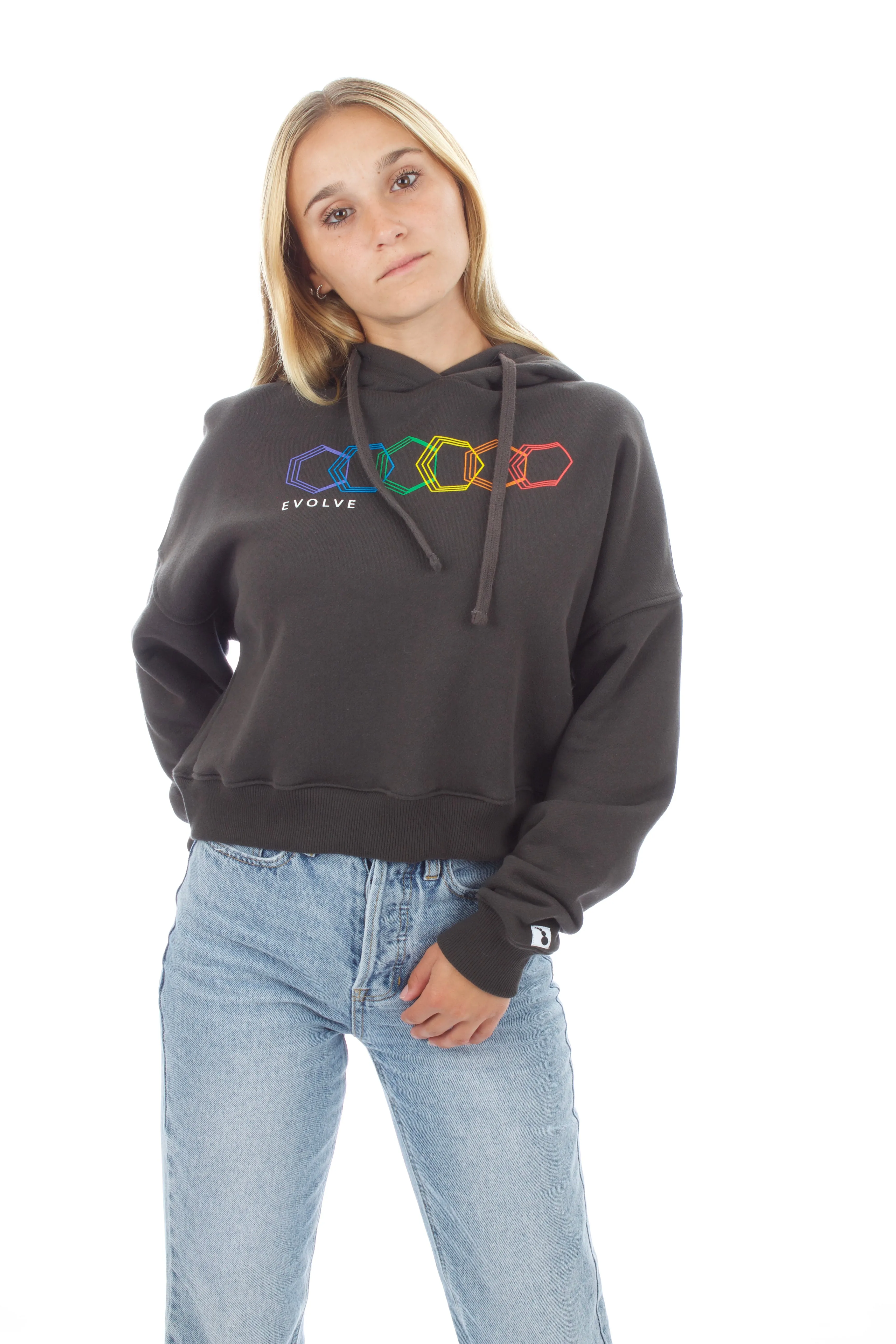 Cropped Hoodie - Geo Rainbow - Washed Black