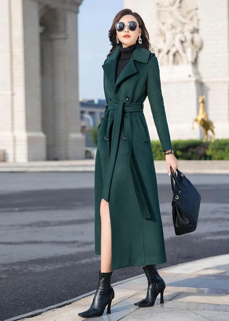 Dark Green Double Breasted Wool Blend Long Coat