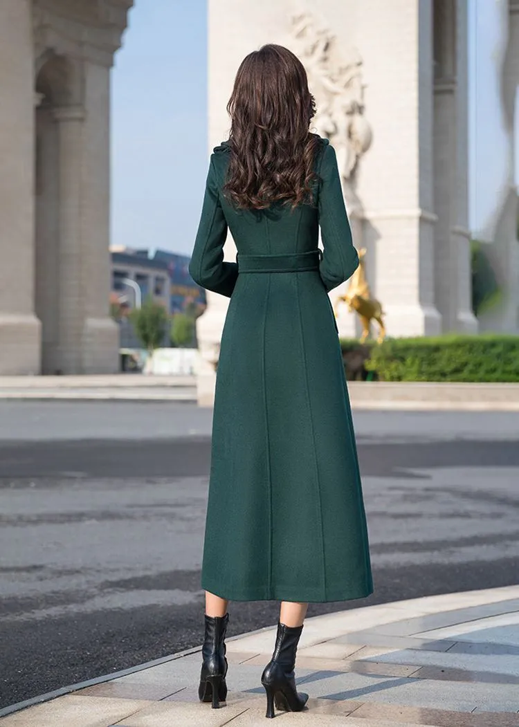 Dark Green Double Breasted Wool Blend Long Coat