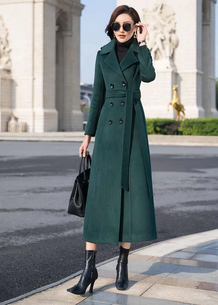 Dark Green Double Breasted Wool Blend Long Coat