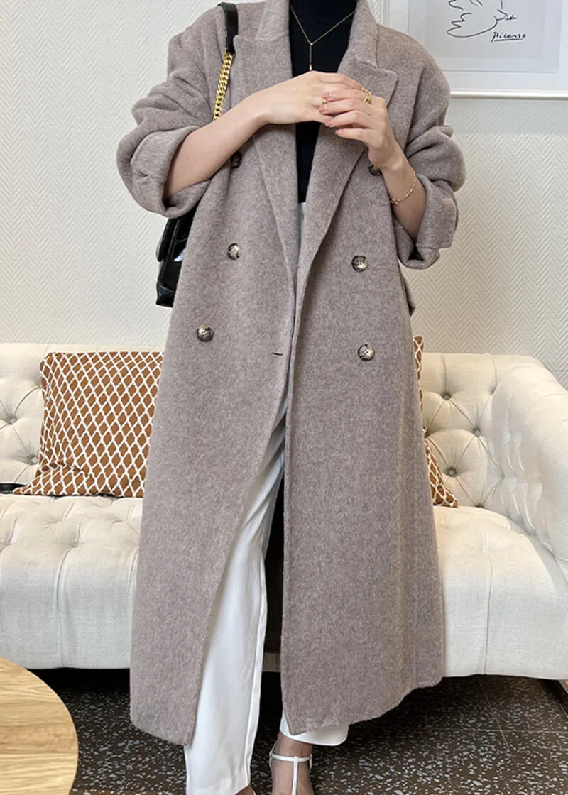 Double Breasted Notched Lapel Wool Long Coat