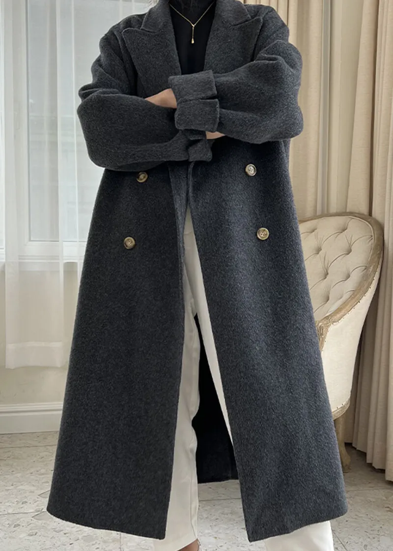 Double Breasted Notched Lapel Wool Long Coat