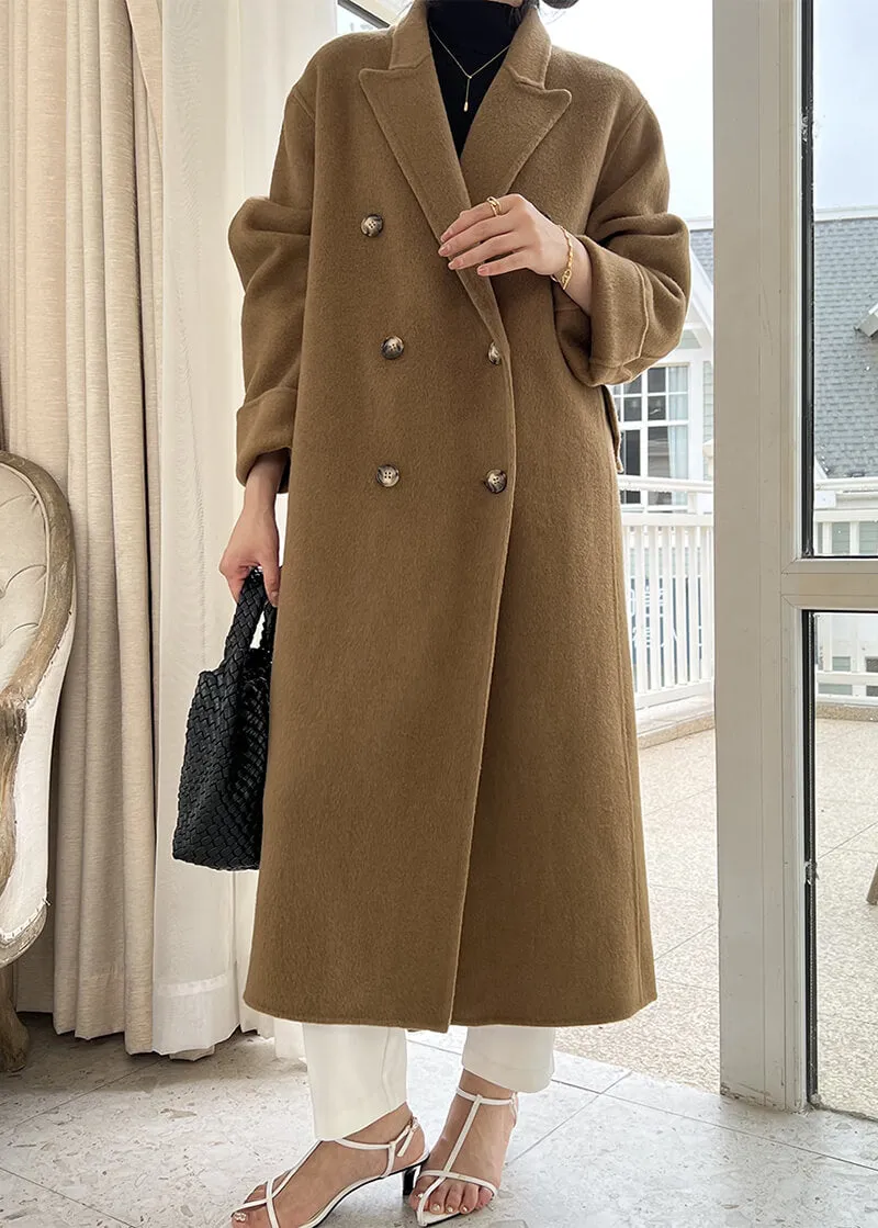 Double Breasted Notched Lapel Wool Long Coat