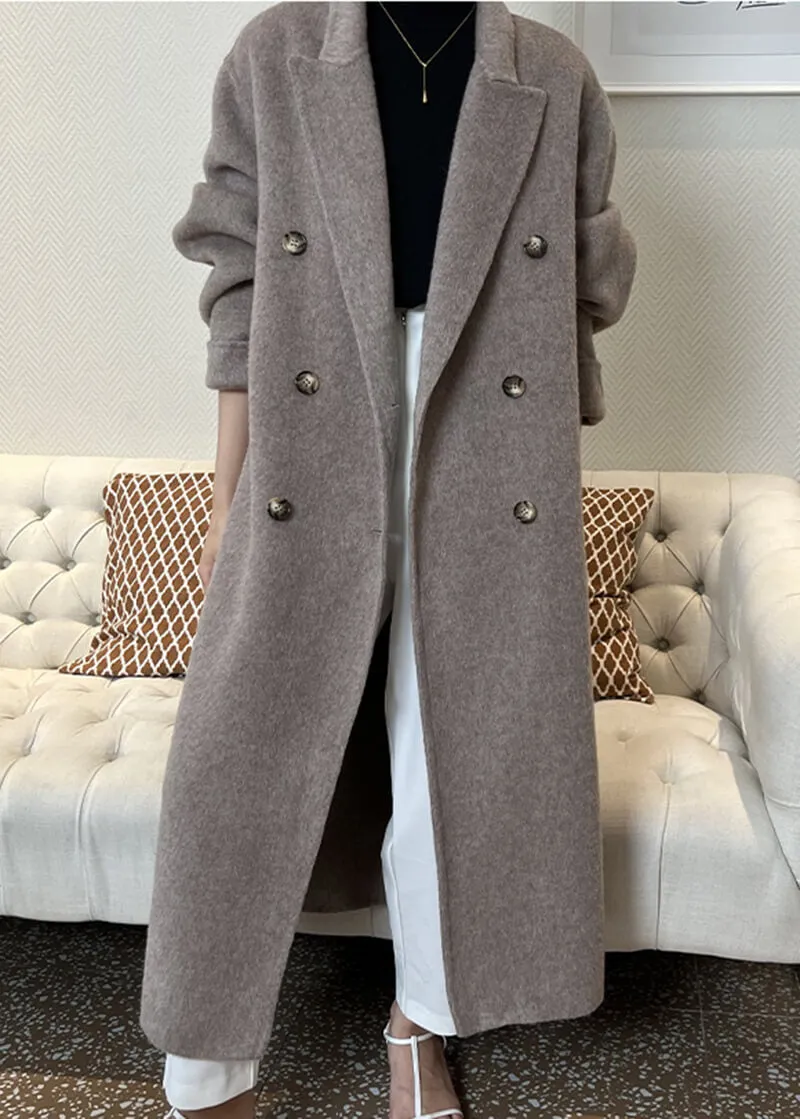 Double Breasted Notched Lapel Wool Long Coat