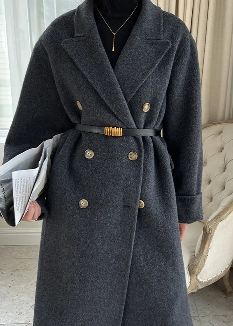 Double Breasted Notched Lapel Wool Long Coat