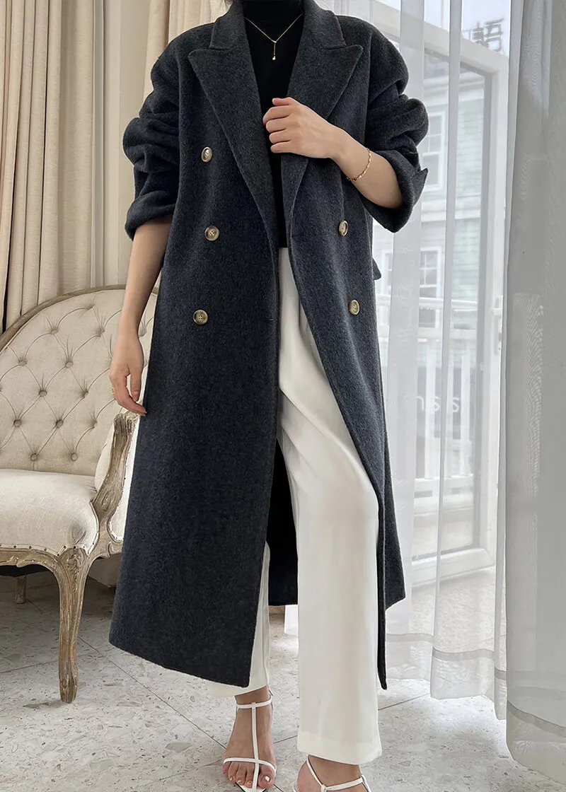 Double Breasted Notched Lapel Wool Long Coat