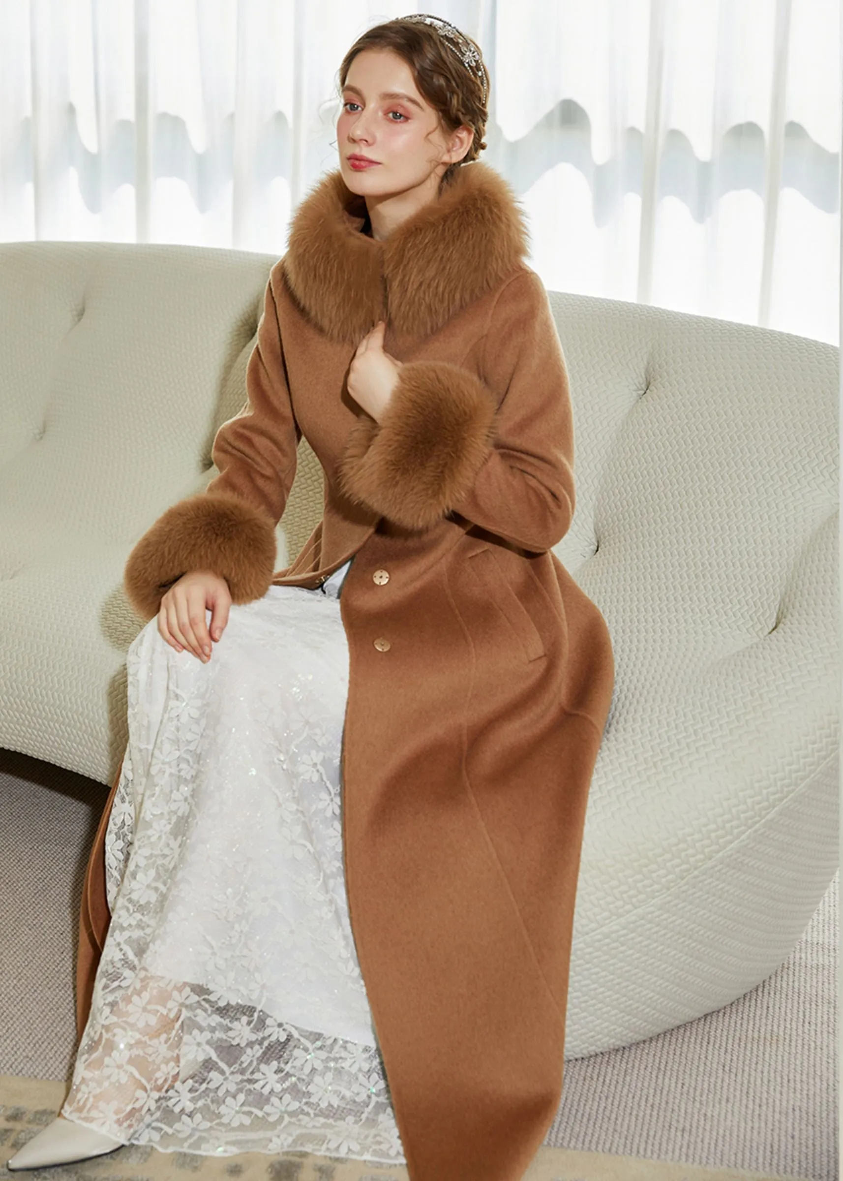 Double Face Alpaca Wool Fox Fur Collar Belted Long Coat