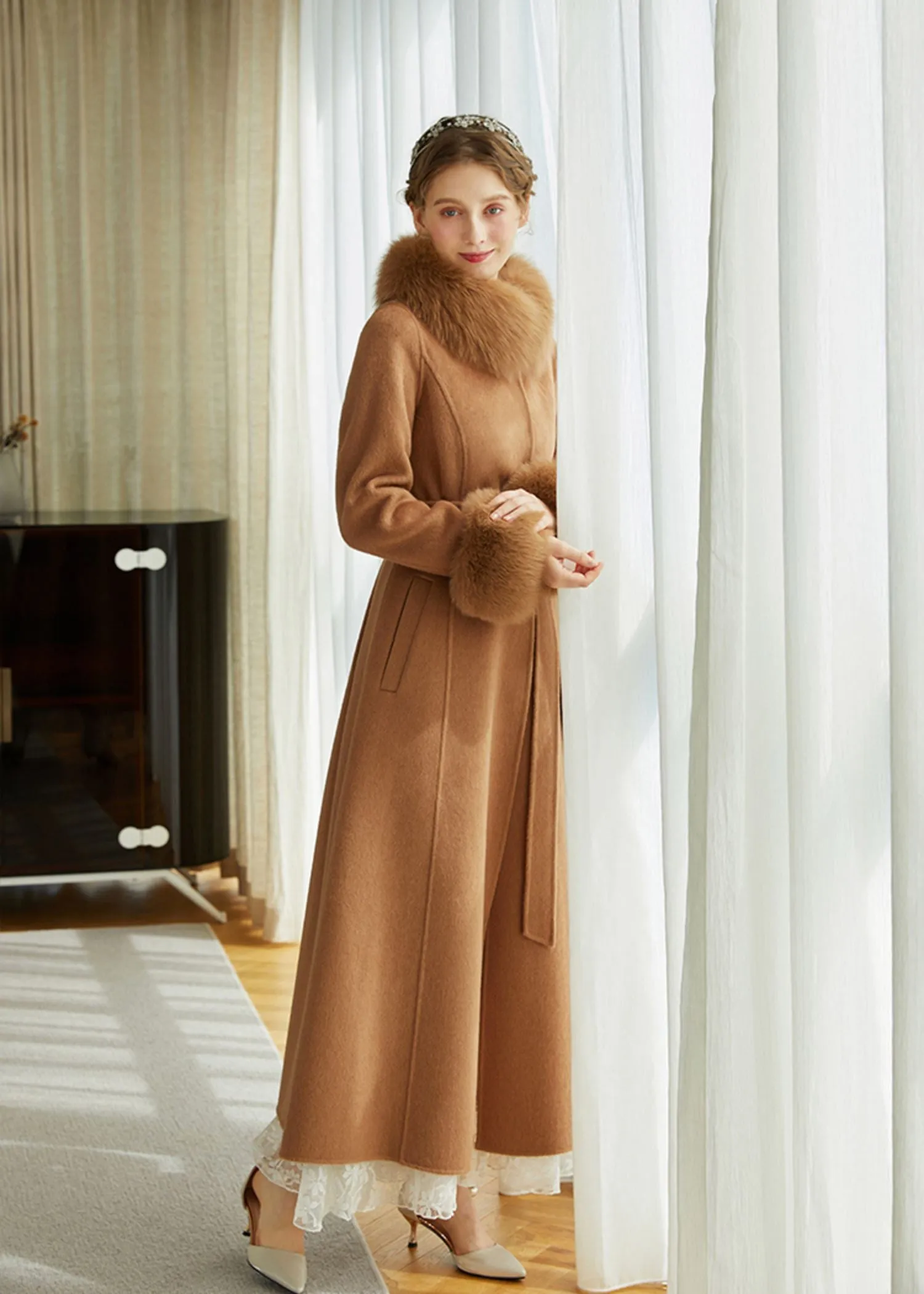 Double Face Alpaca Wool Fox Fur Collar Belted Long Coat