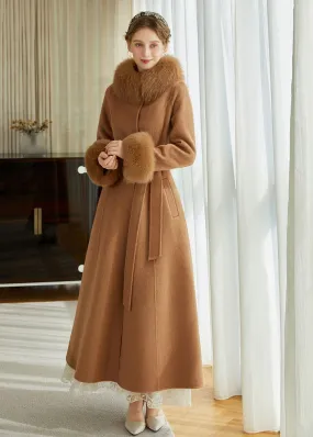 Double Face Alpaca Wool Fox Fur Collar Belted Long Coat