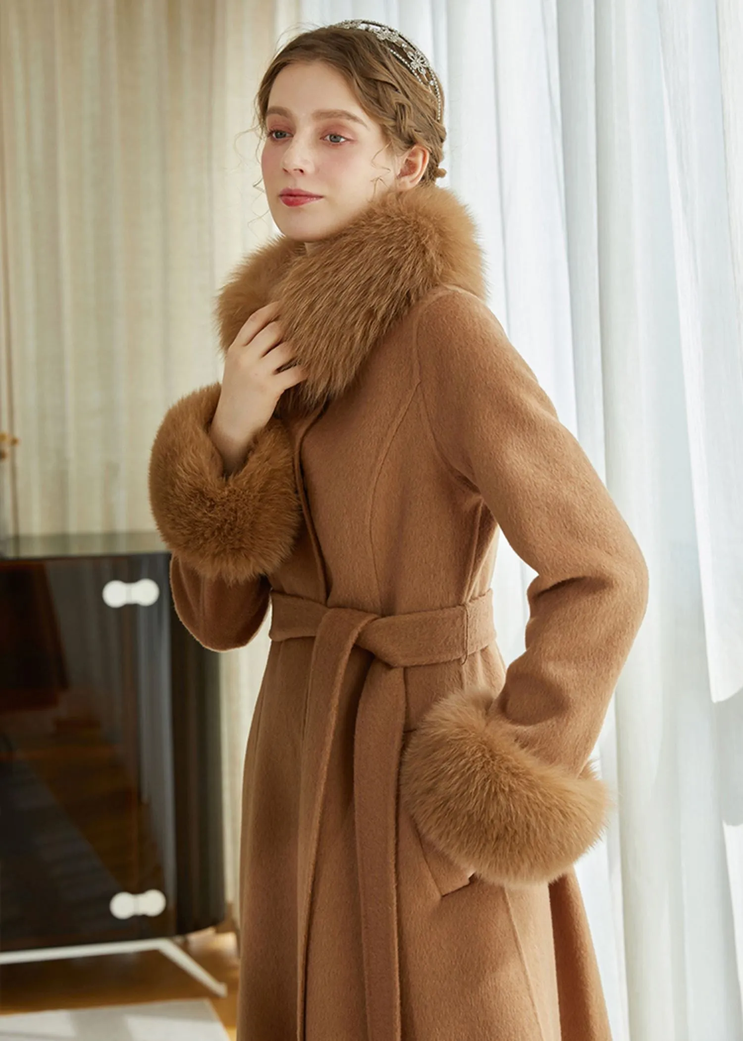 Double Face Alpaca Wool Fox Fur Collar Belted Long Coat