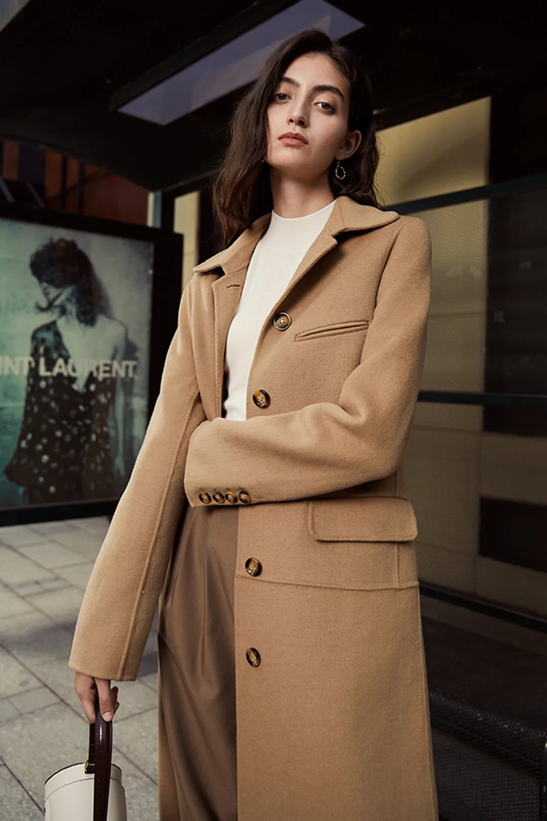 Double-sided woolen coat | Light khaki reversible coat | Banquet single-breasted coat