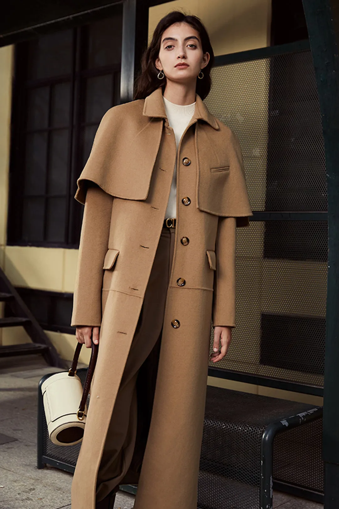 Double-sided woolen coat | Light khaki reversible coat | Banquet single-breasted coat