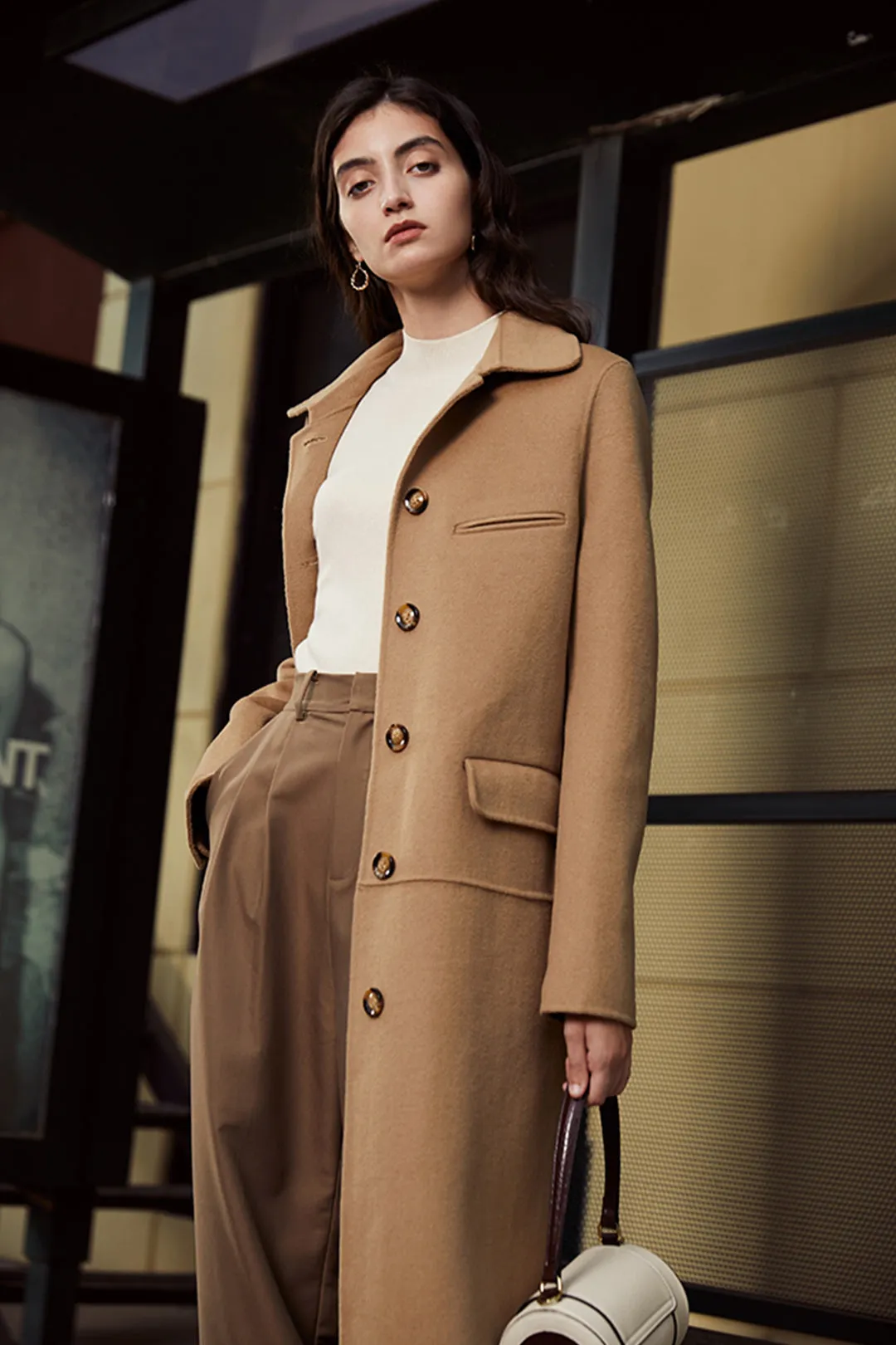 Double-sided woolen coat | Light khaki reversible coat | Banquet single-breasted coat