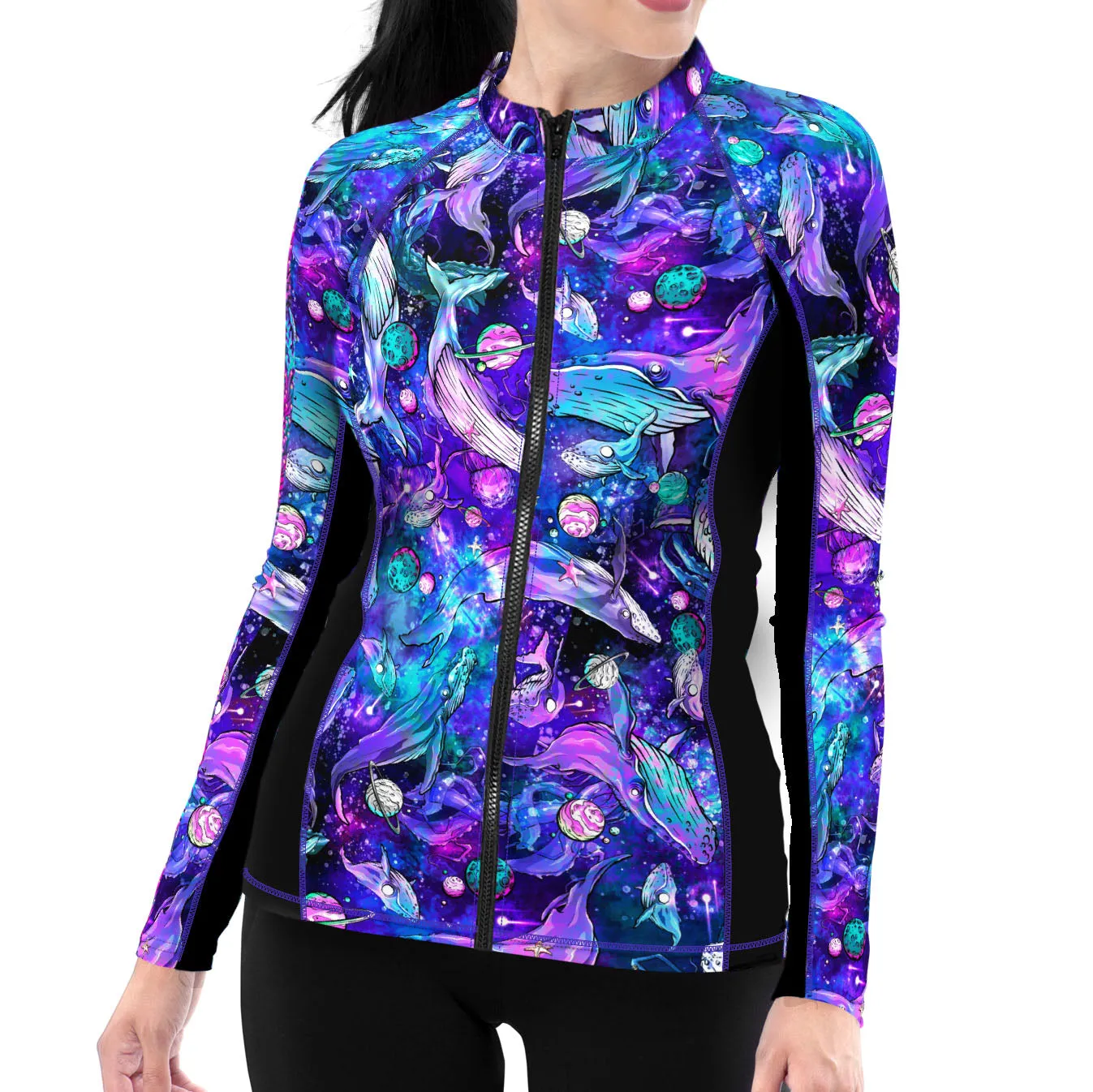 Eco-friendly Full Zip Up Cosmic Whale Rash Guard