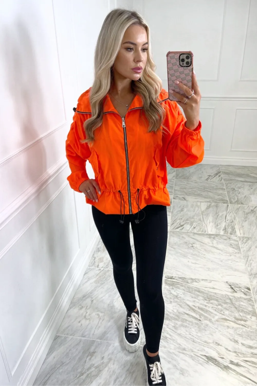 Elektra neon orange hooded zip up wind breaker jacket