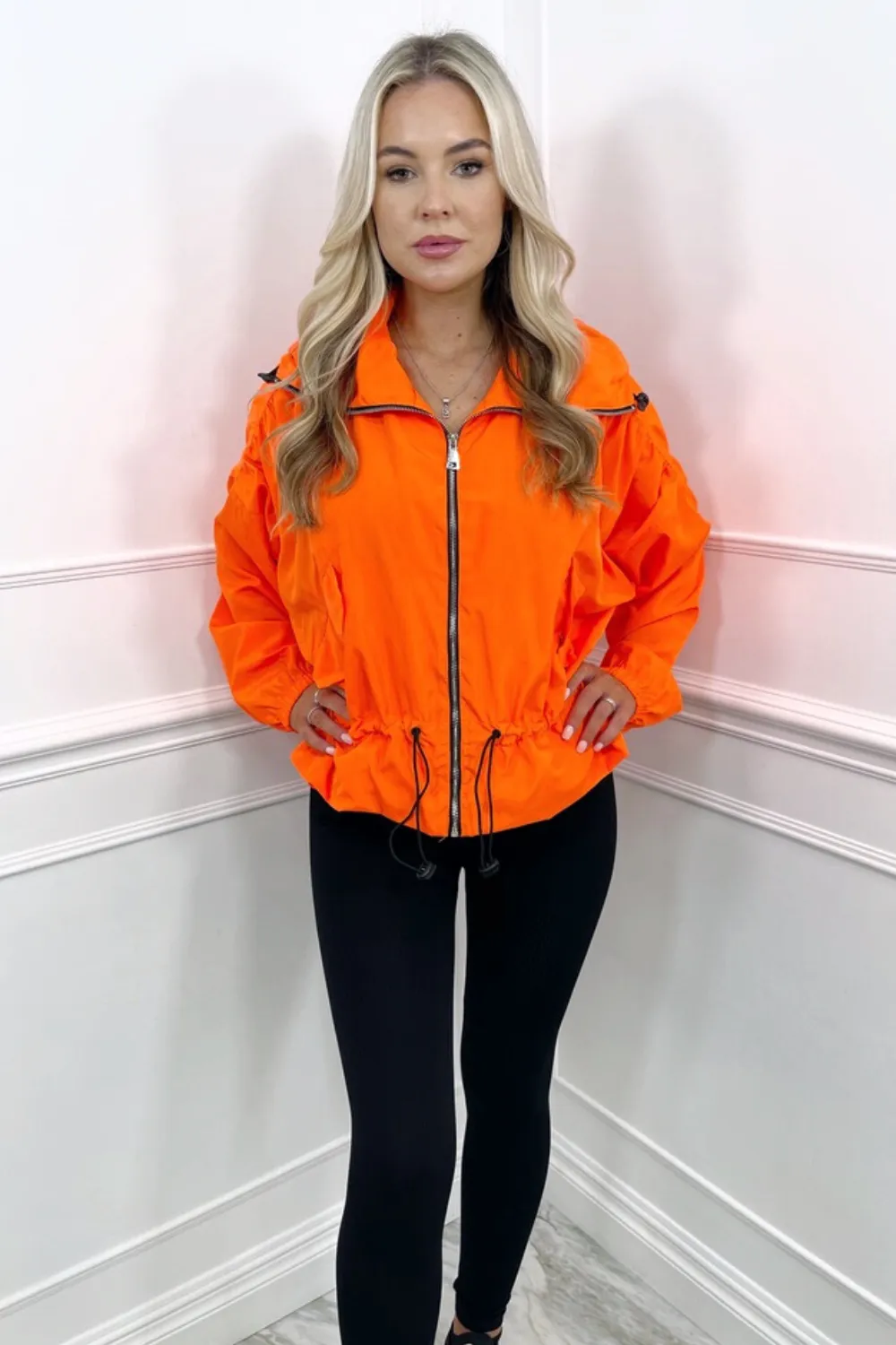 Elektra neon orange hooded zip up wind breaker jacket