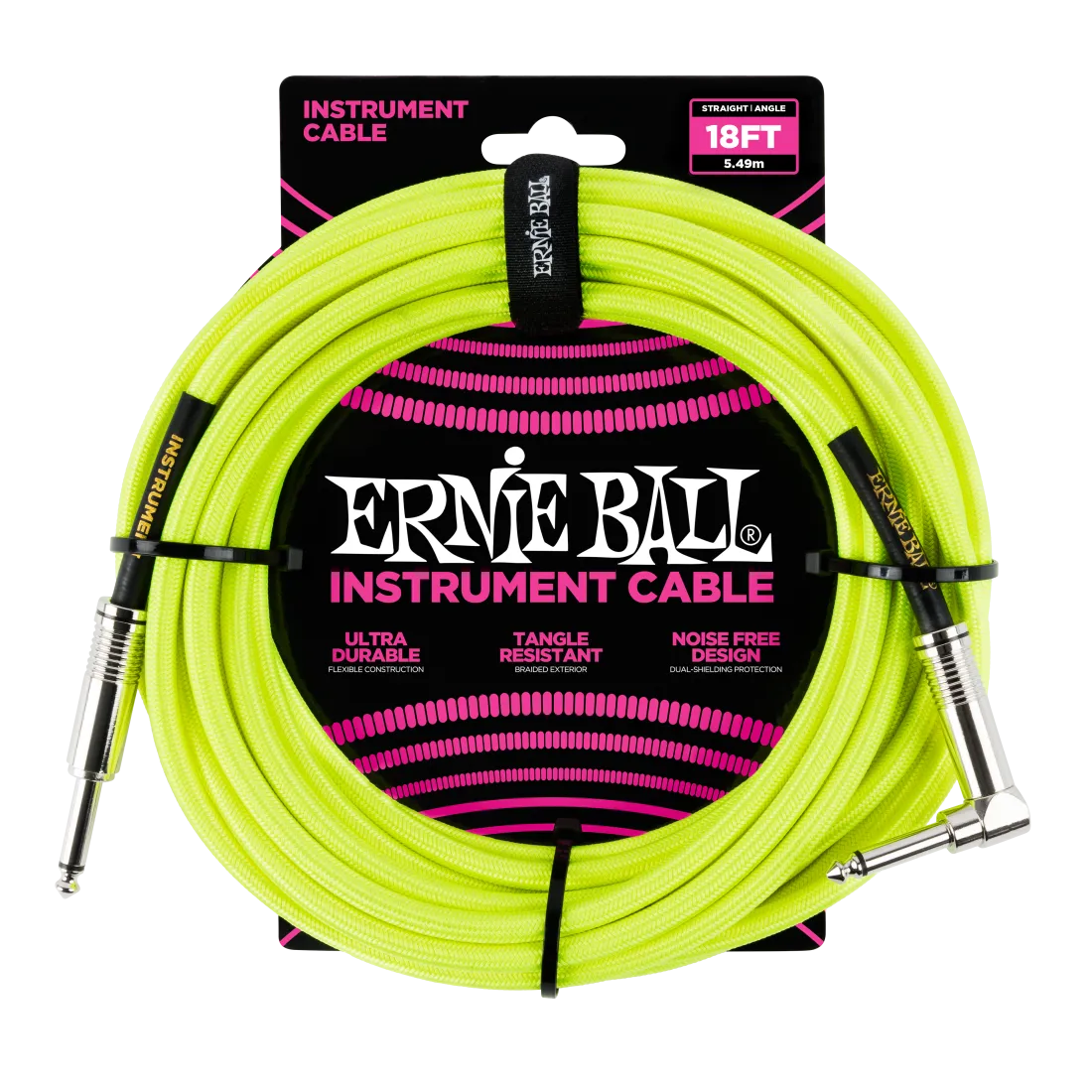 Ernie Ball 6085EB Straight/Angle Braided Cable (Neon Yellow) - 18'