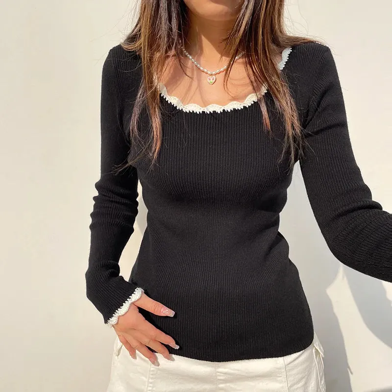 Fashion Basic Patched Women Sweater Autumn Winter Ruched Knitwear All-Match Jumper Casual Knitting Pullovers Clothing