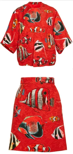 Fish Print Jacket & Mini Skirt Set