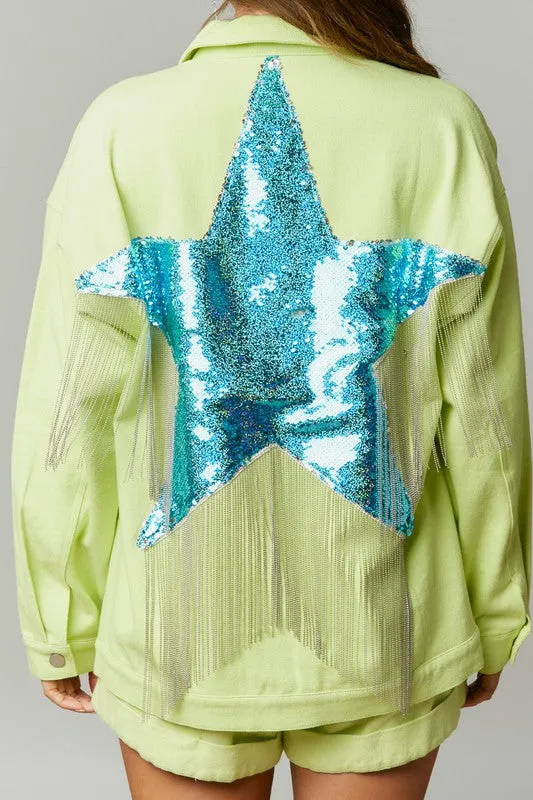 Flip Sequin Star Fringed Jacked in Lime