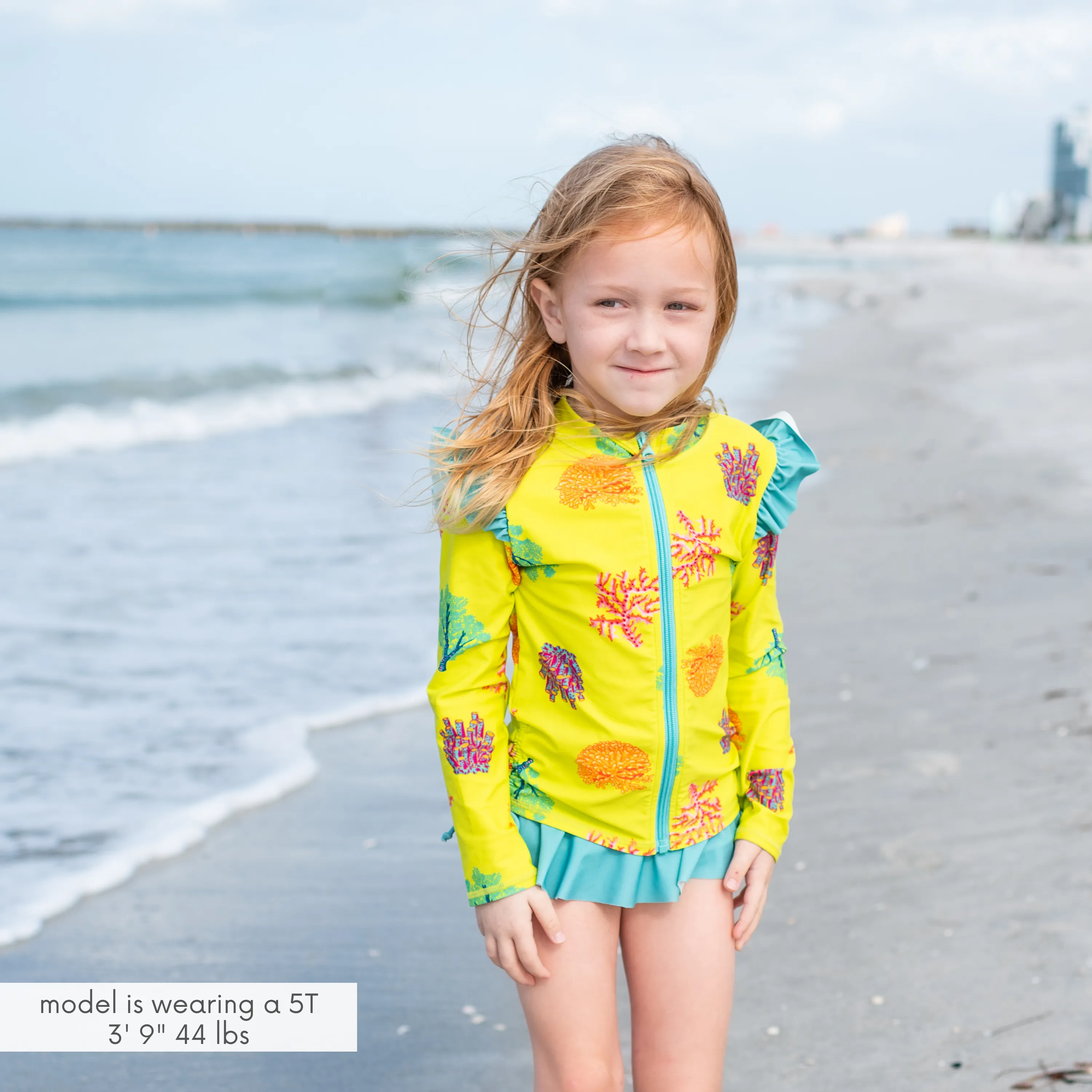 Girls Long Sleeve Rash Guard Ruffle Bottom Swimsuit Set (2 Piece) | "Coral"