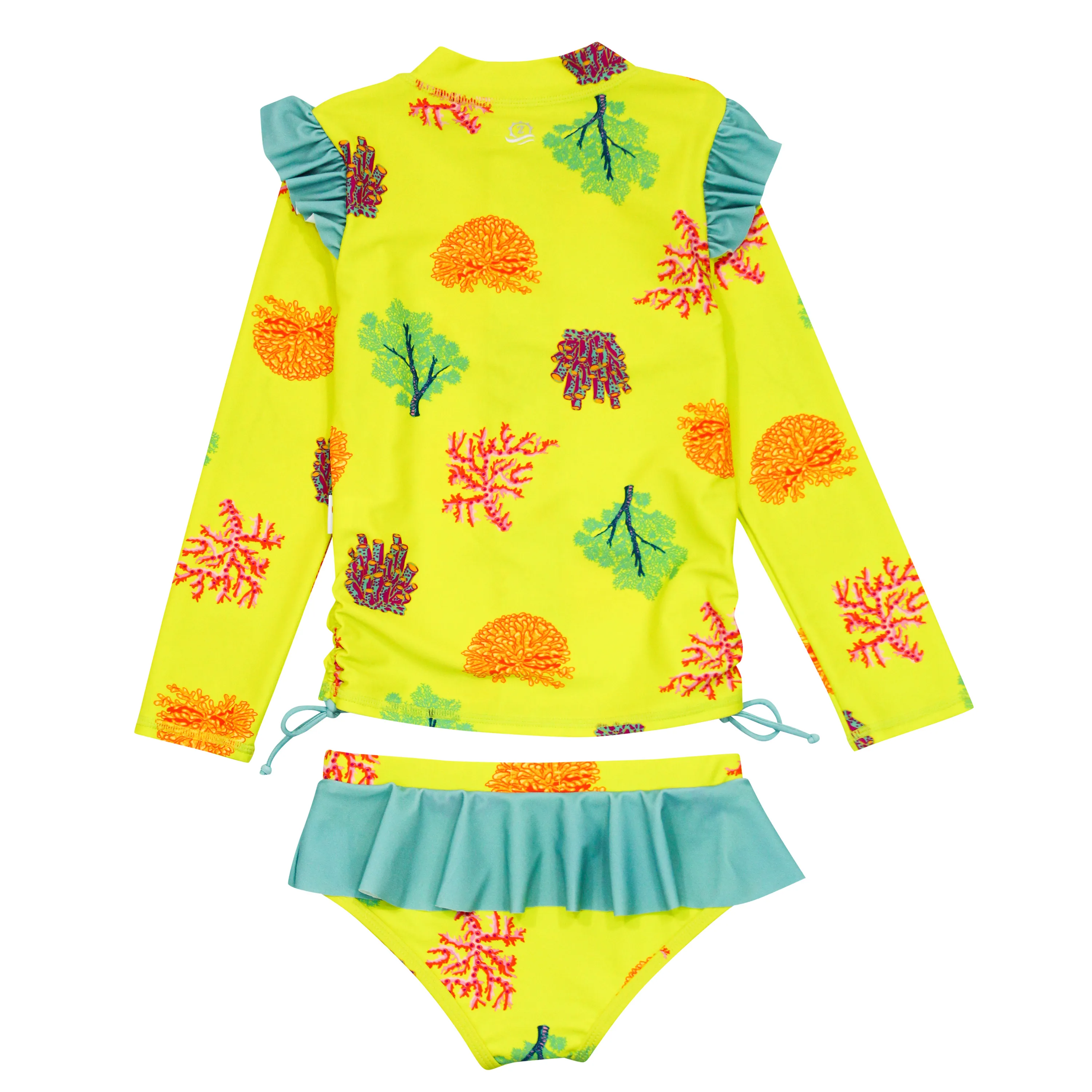 Girls Long Sleeve Rash Guard Ruffle Bottom Swimsuit Set (2 Piece) | "Coral"