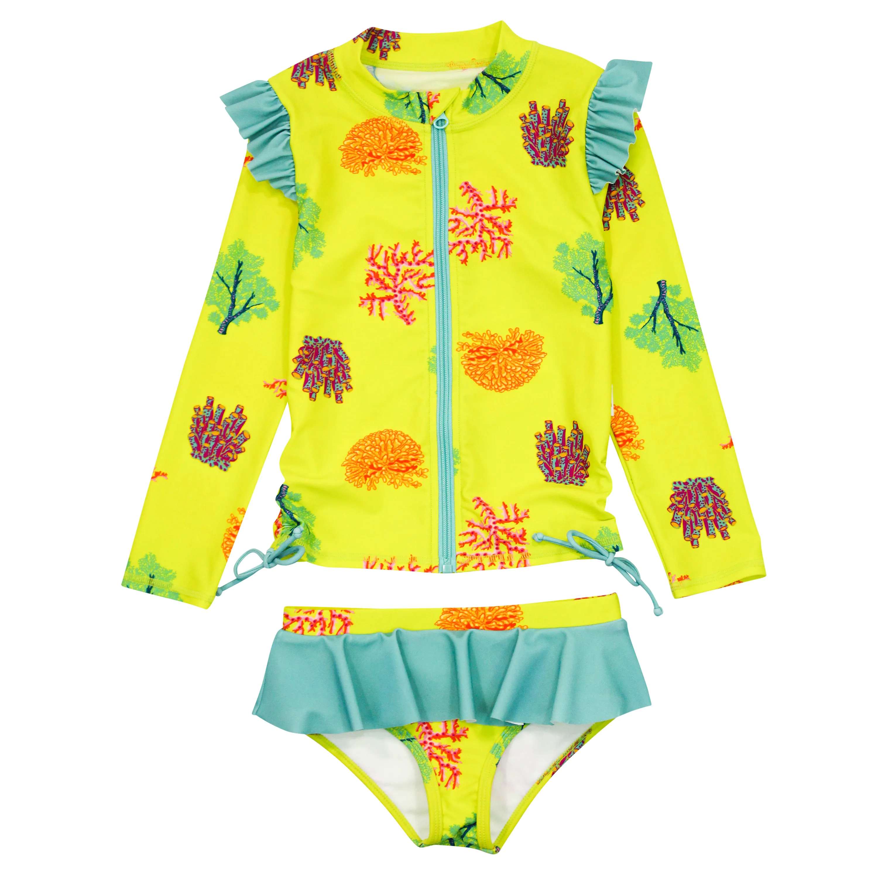 Girls Long Sleeve Rash Guard Ruffle Bottom Swimsuit Set (2 Piece) | "Coral"