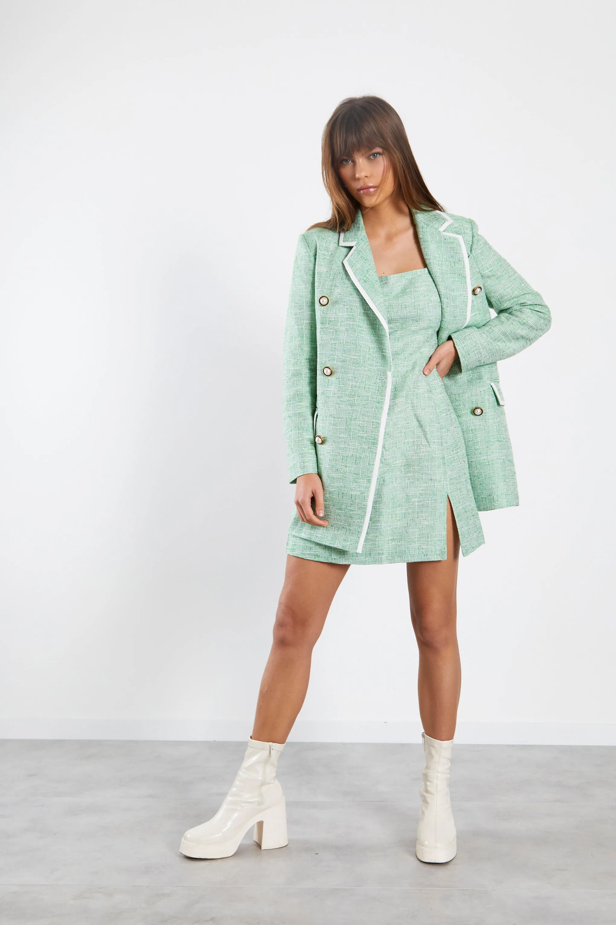 Glamorous Green Tweed White Oversized Blazer with Contrast Trim