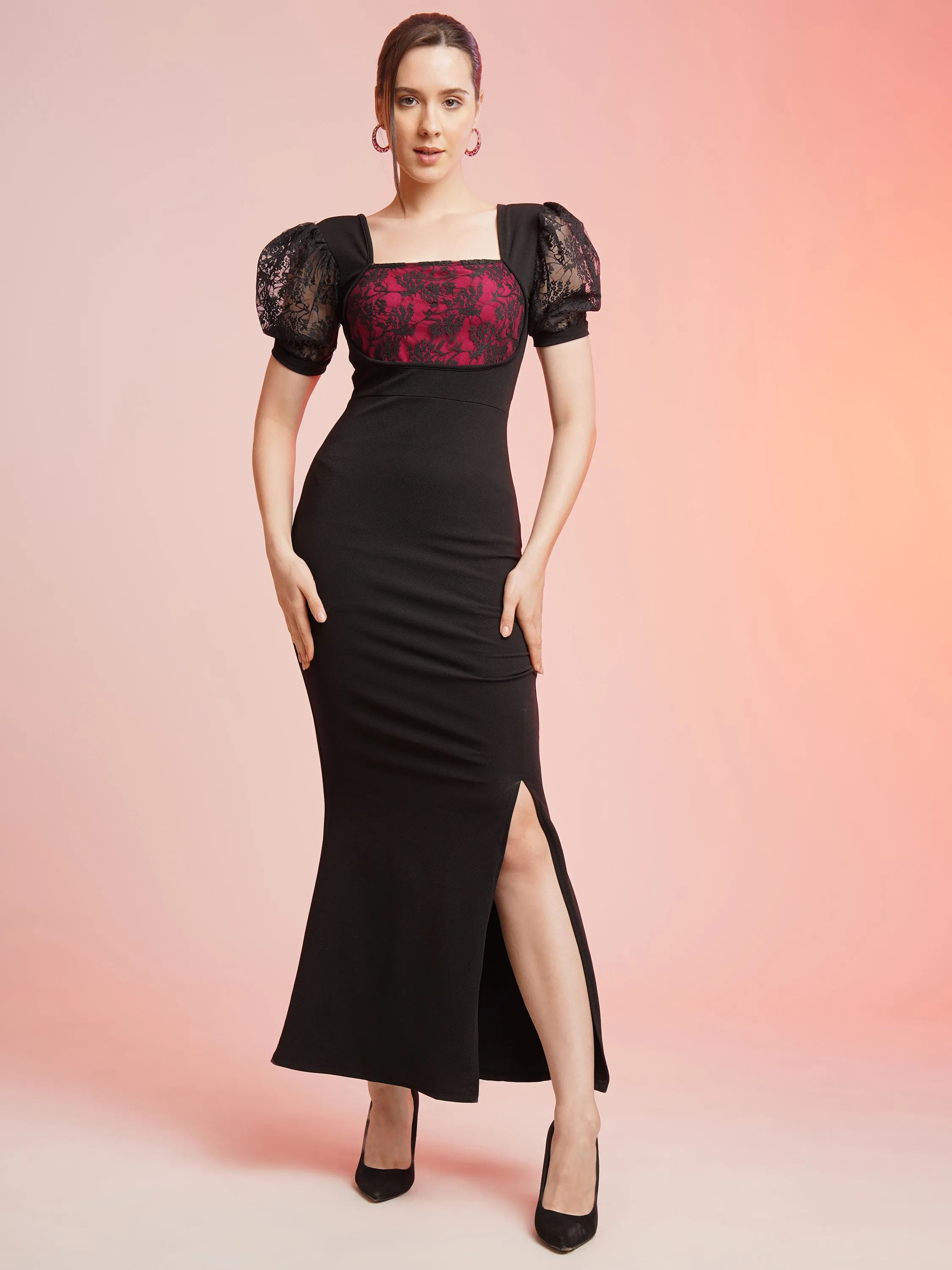 Glamour Square Neck Split Bodycon Maxi Dress