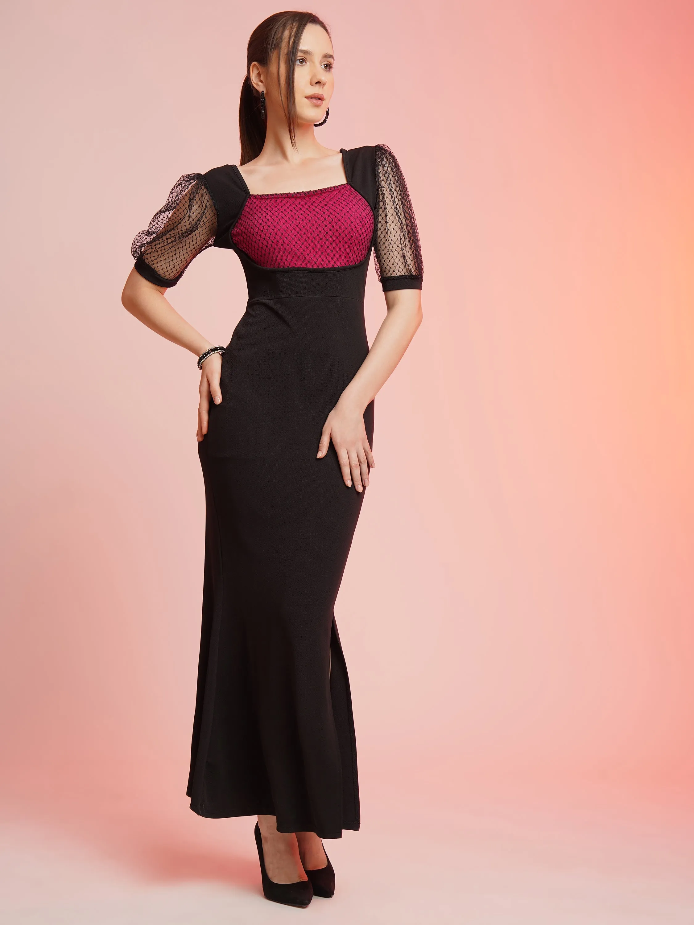 Glamour Square Neck Split Bodycon Maxi Dress