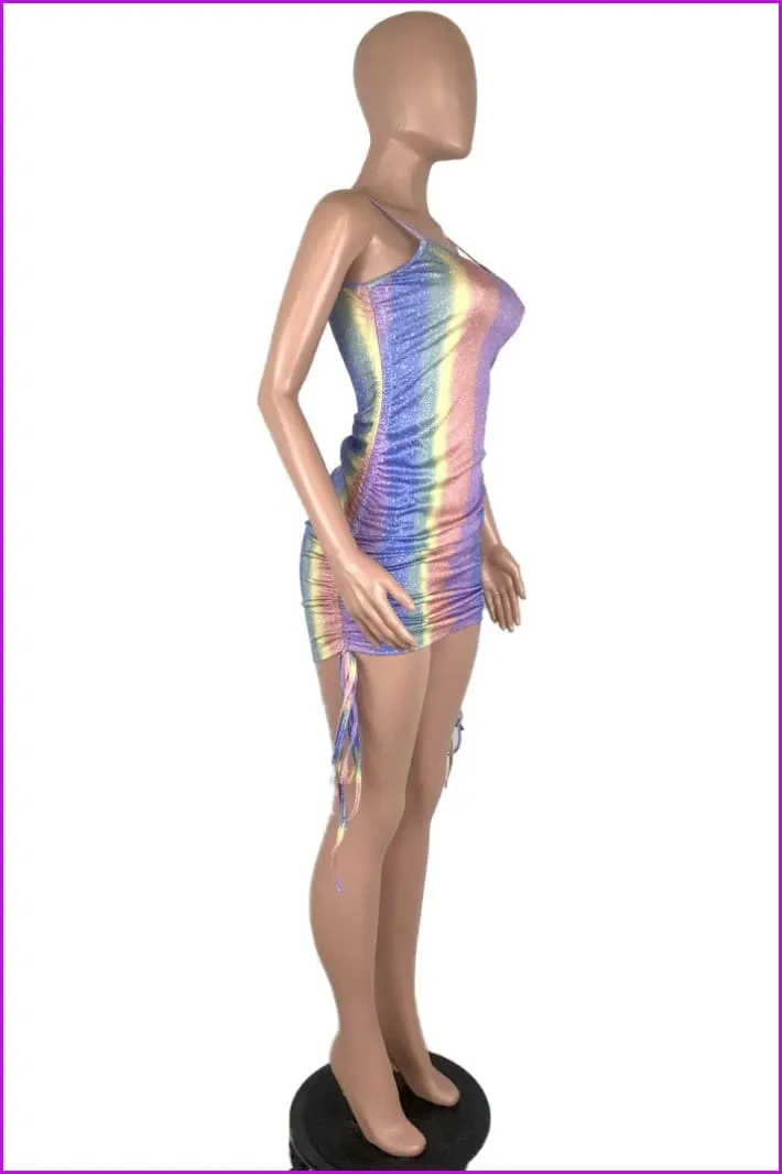 Glitter Rainbow Colors Drawstring Short Sleeveless Dress F905