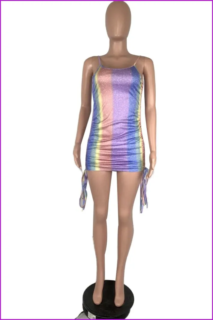 Glitter Rainbow Colors Drawstring Short Sleeveless Dress F905