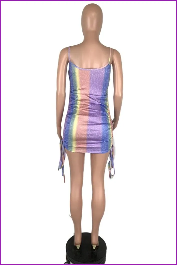 Glitter Rainbow Colors Drawstring Short Sleeveless Dress F905