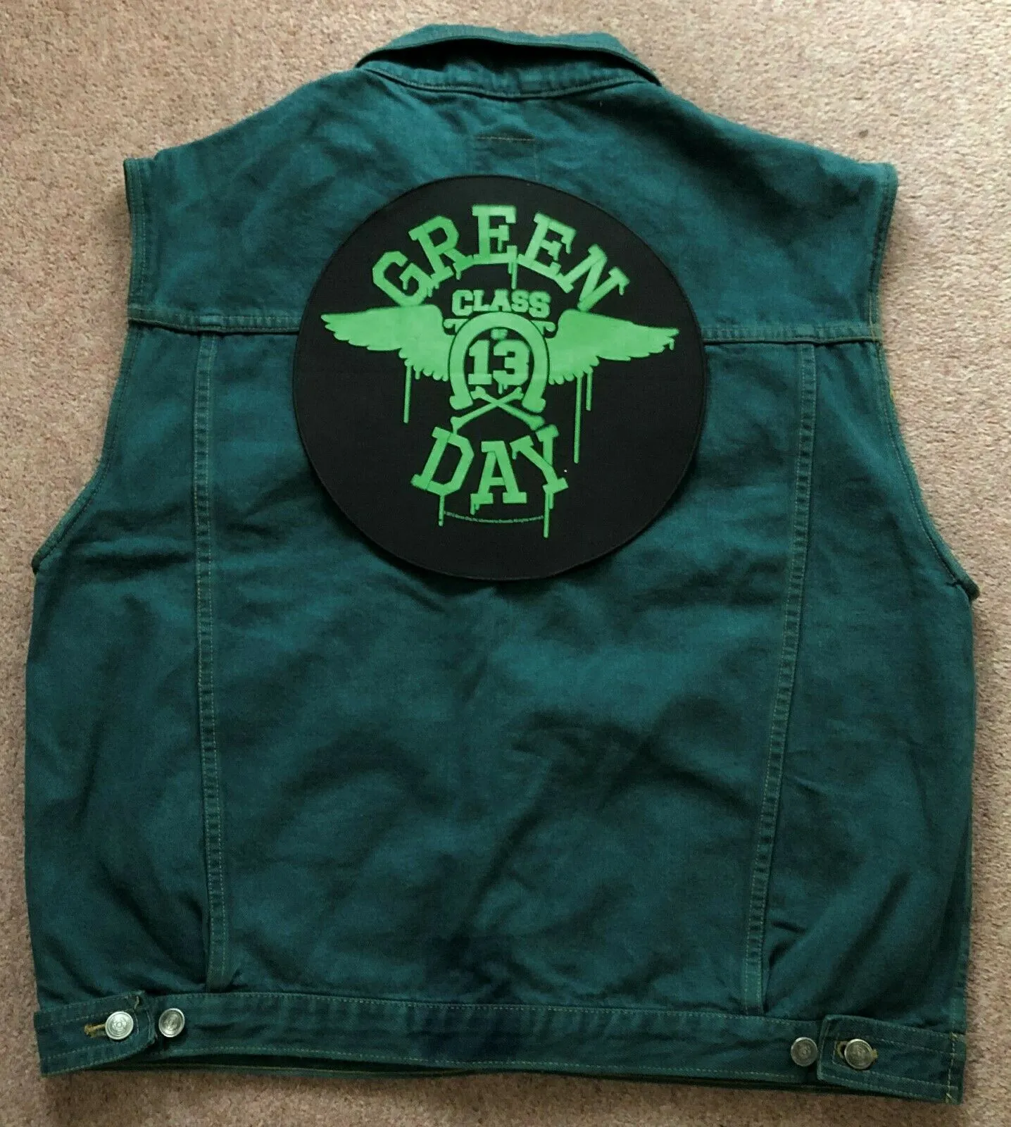 Green Day Green Denim Cut-Off Vest Battle Jacket Dookie American Idiot Nimrod Punk