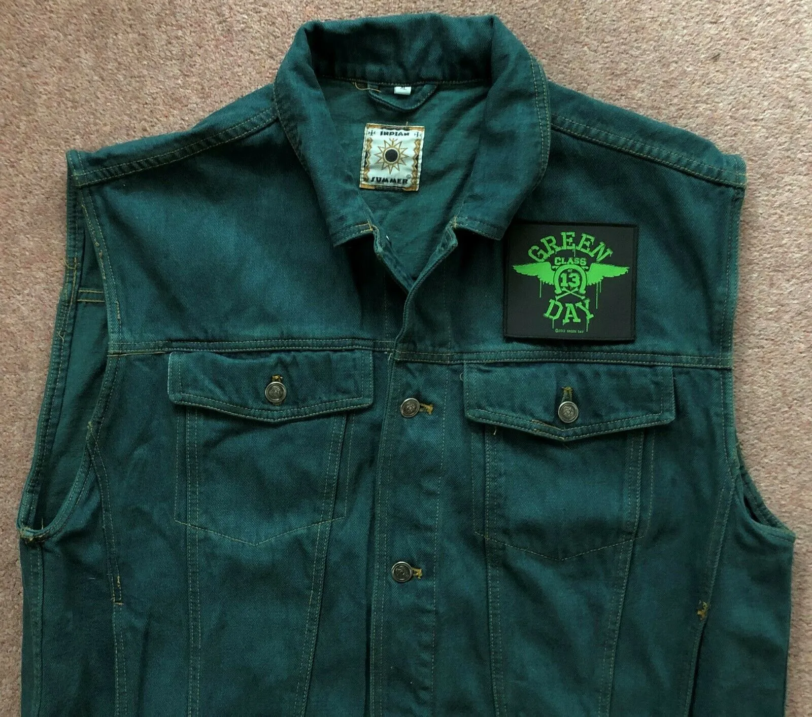 Green Day Green Denim Cut-Off Vest Battle Jacket Dookie American Idiot Nimrod Punk