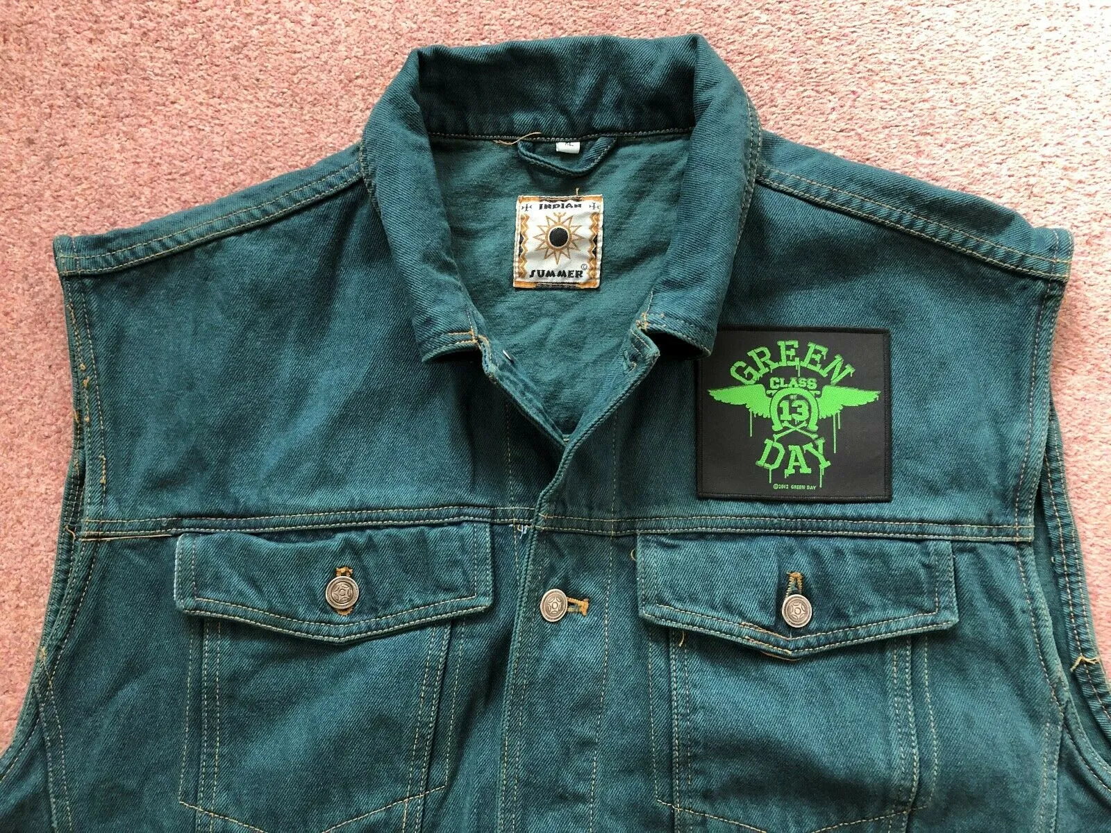 Green Day Green Denim Cut-Off Vest Battle Jacket Dookie American Idiot Nimrod Punk