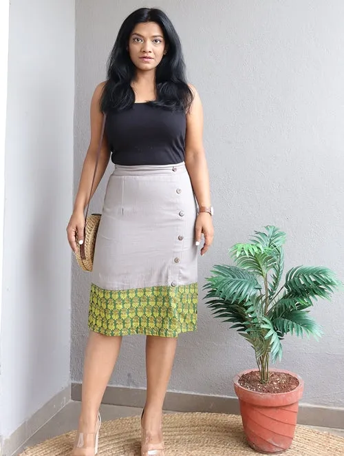 Grey Handloom Cotton With Block Printed Border Pencil Skirt