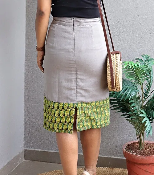 Grey Handloom Cotton With Block Printed Border Pencil Skirt