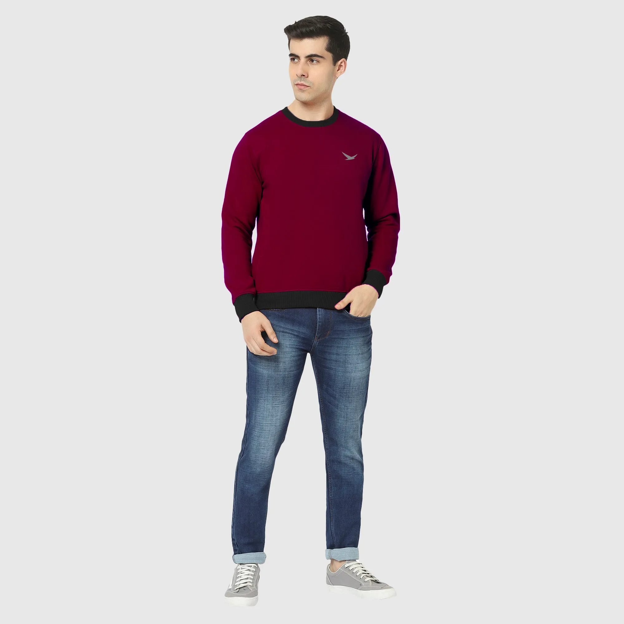 Hiflyers Men Slim Fit Cotrast Rib Cotton Fleece Round Neck Sweatshirt -Maroon