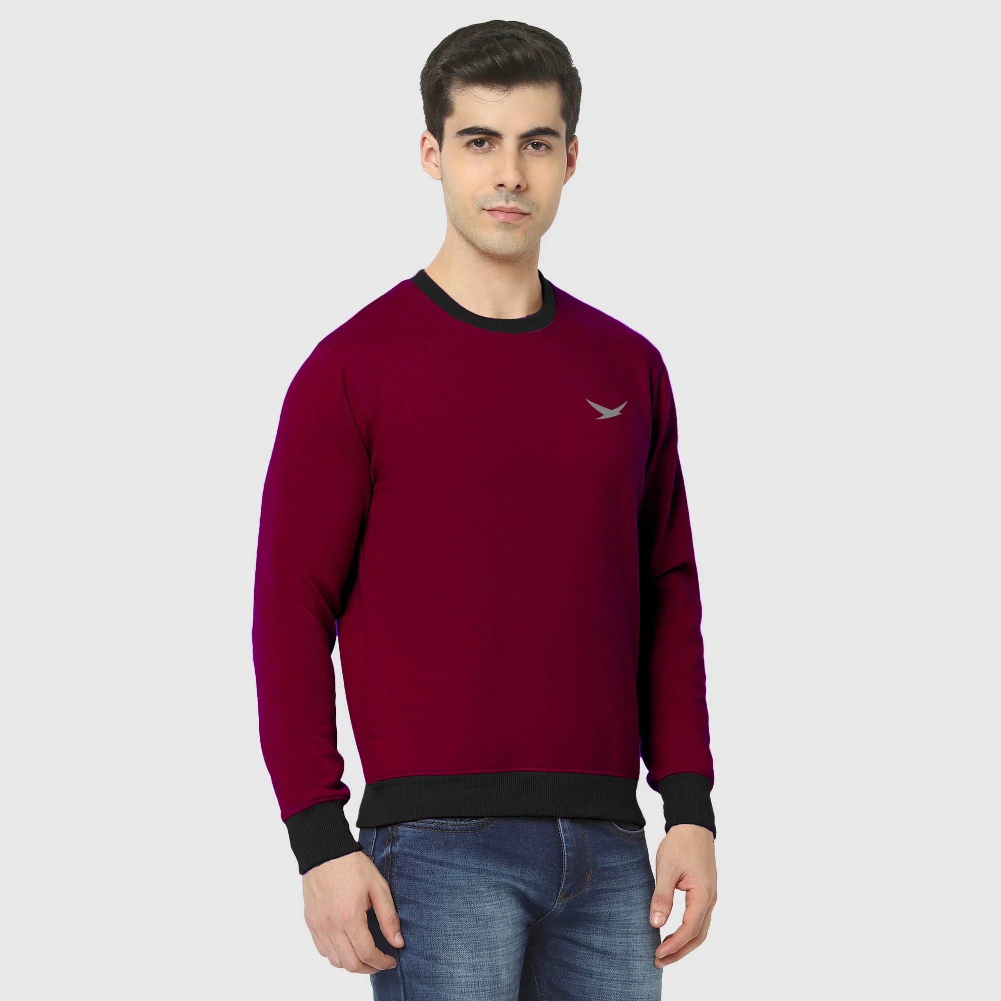 Hiflyers Men Slim Fit Cotrast Rib Cotton Fleece Round Neck Sweatshirt -Maroon