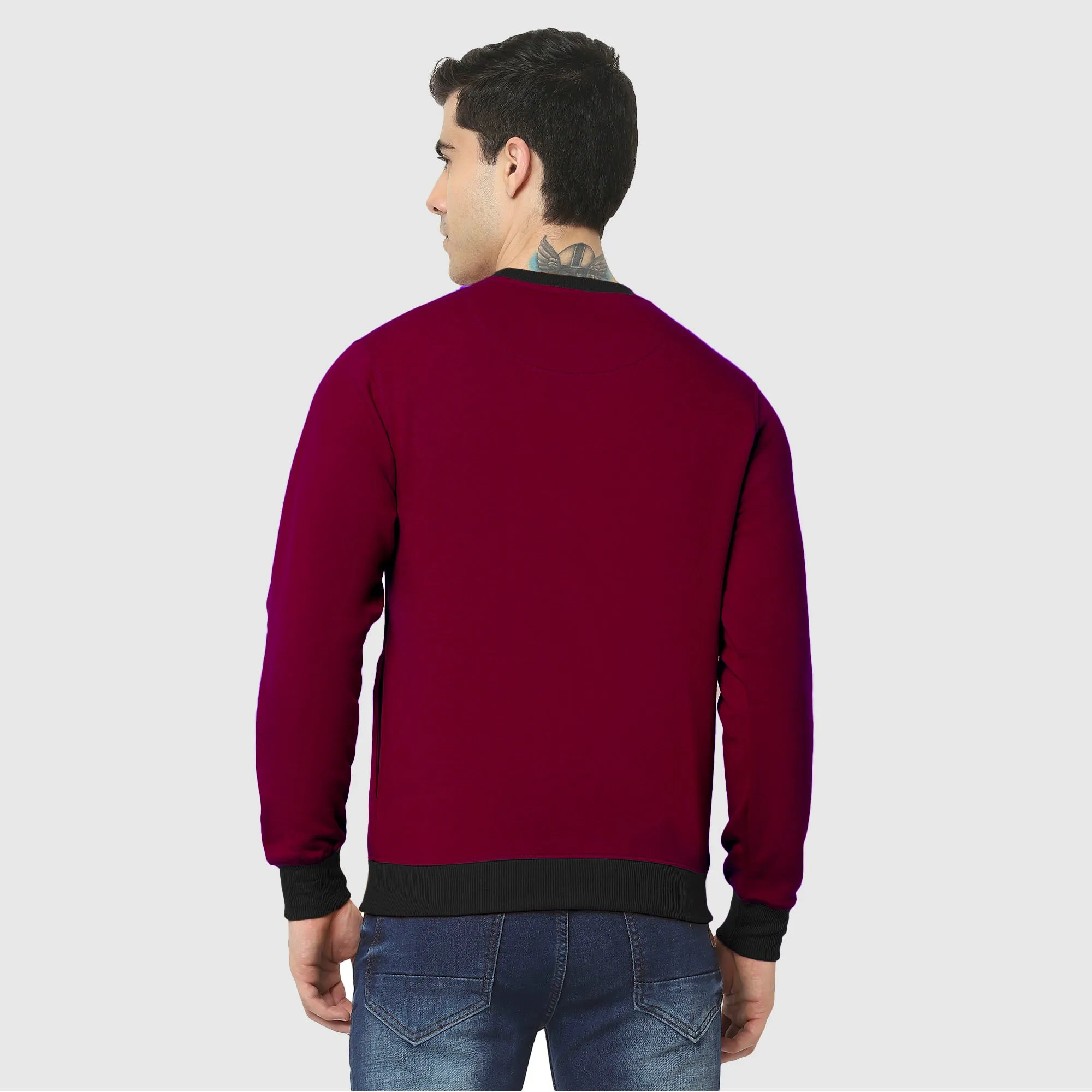 Hiflyers Men Slim Fit Cotrast Rib Cotton Fleece Round Neck Sweatshirt -Maroon